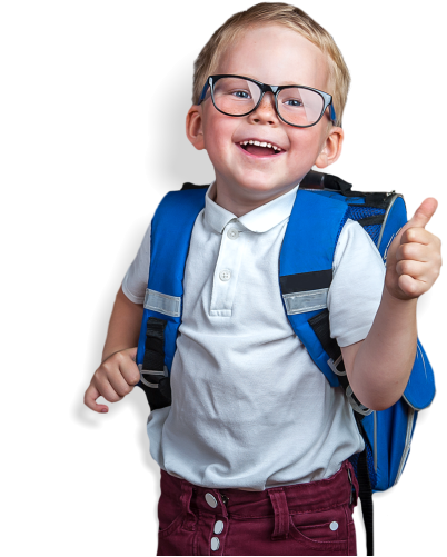 a smiling kid with a blue bag